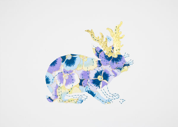 Jackalope in Purple Pansies & Gold