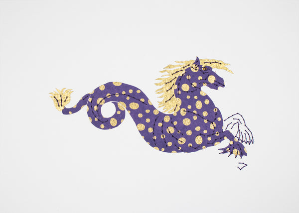 Monstrous Seahorse in Gold Dots on Purple