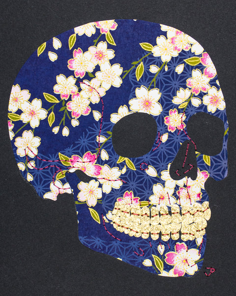 Skull in pink flowers on blue
