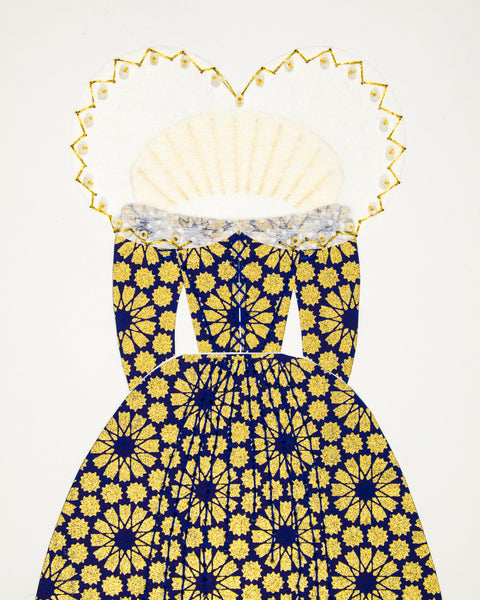 Dress #021.2: Queen Elizabeth I gown in blue and gold: rear view. 2017