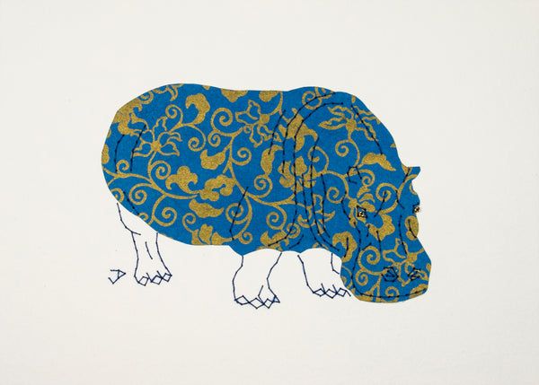 Hippopotamus in Bronze on Blue