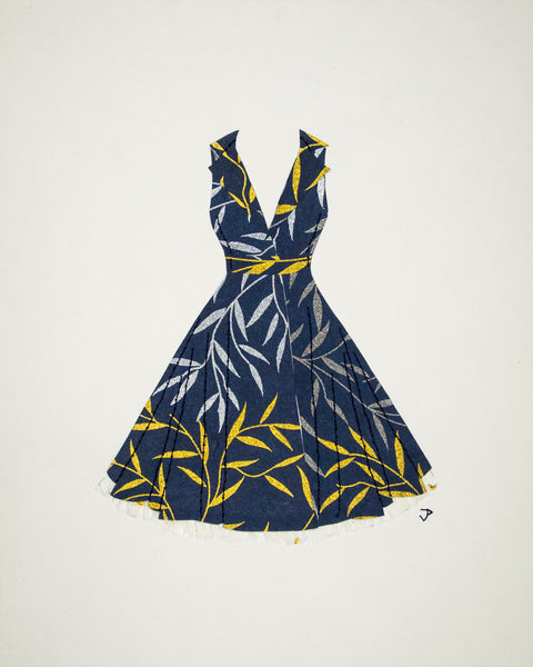 Pinup #021: Pinup dress in gold and silver on navy with crinoline. 2019