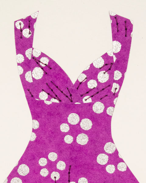 Pinup #025: Pinup dress in silver dots on purple. 2020