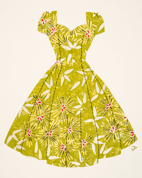 Pinup #028: Pinup dress in lime green, gold, and silver