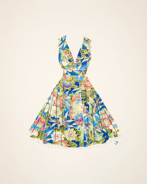 Pinup #032: Pinup dress in blue bamboo and flowers with crinoline