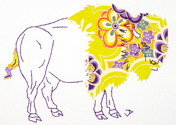 Bison in 1960s Flowers on Lime Green