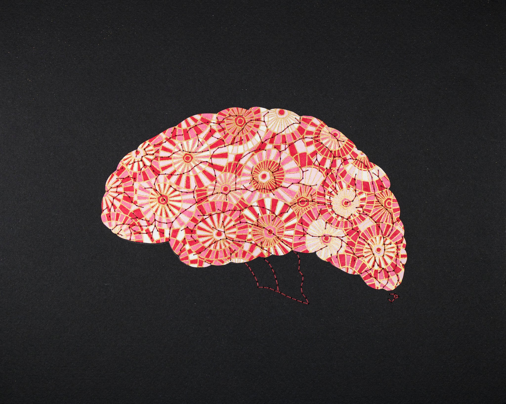 Brain in red, pink & gold wheels