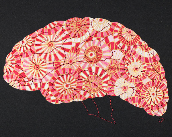 Brain in red, pink & gold wheels