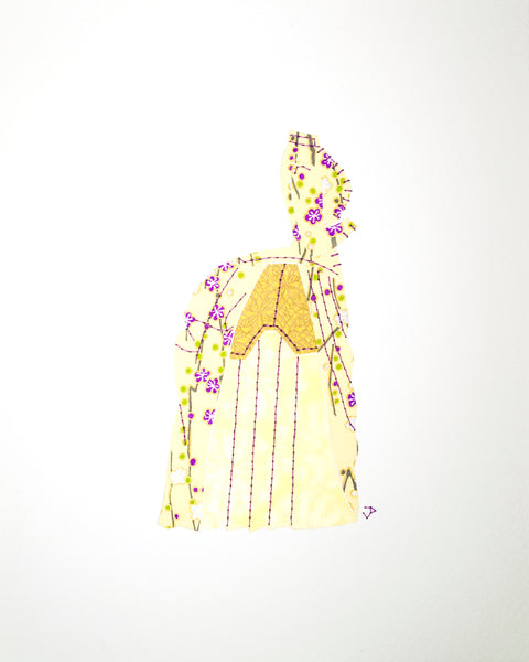 Dress #002: Victorian dress in pale yellow, gold, and purple