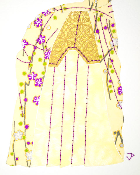 Dress #002: Victorian dress in pale yellow, gold, and purple