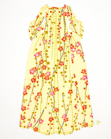 Dress #005.2: Robe à la française in pink and coral flowers on yellow