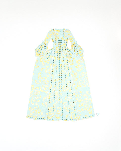 Dress #007: Robe à la française in gold and turquoise: rear view. 2014