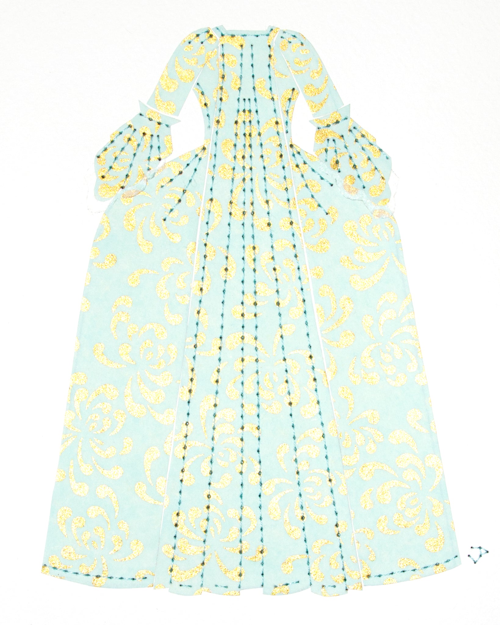 Dress #007: Robe à la française in gold and turquoise: rear view. 2014