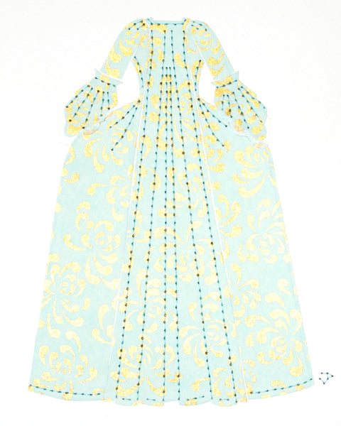 Dress #007: Robe à la française in gold and turquoise: rear view. 2014