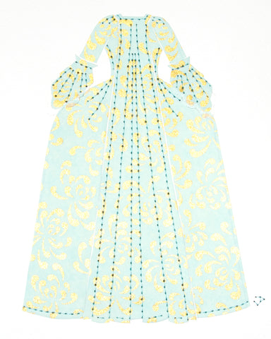 Dress #007: Robe à la française in gold and turquoise: rear view. 2014
