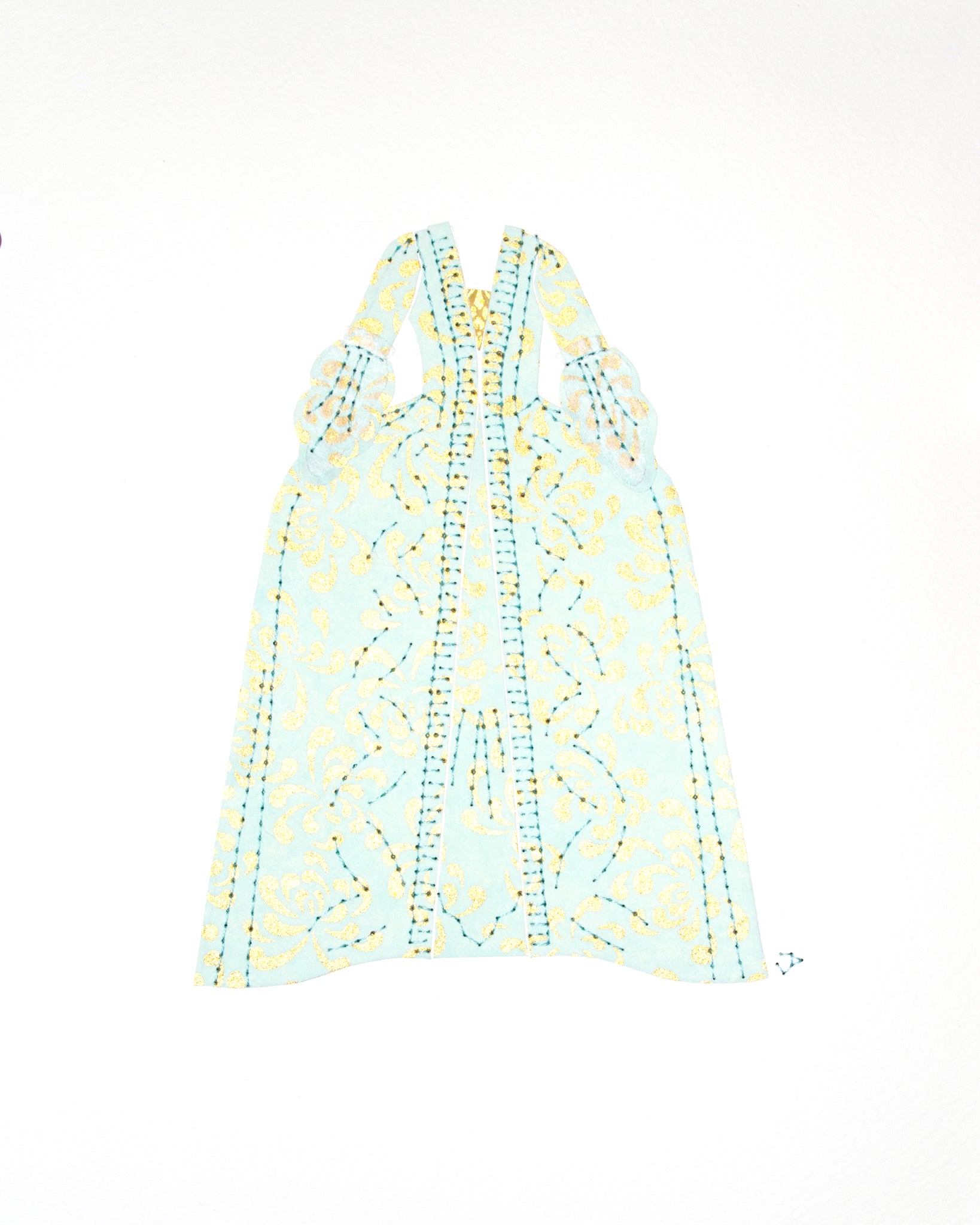 Dress #008: Robe à la française in gold and turquoise: front view. 2014