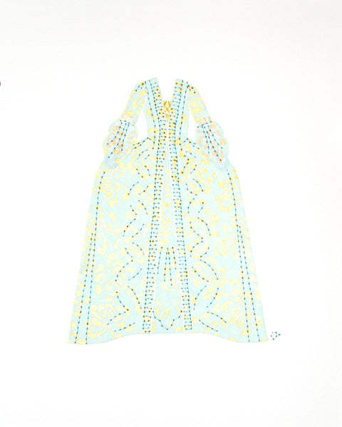Dress #008: Robe à la française in gold and turquoise: front view. 2014