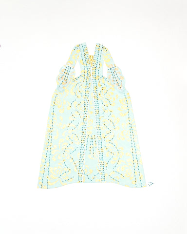 Dress #008: Robe à la française in gold and turquoise: front view. 2014