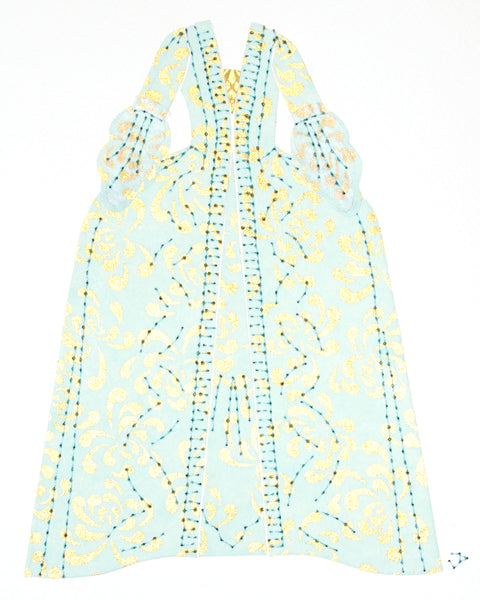 Dress #008: Robe à la française in gold and turquoise: front view. 2014
