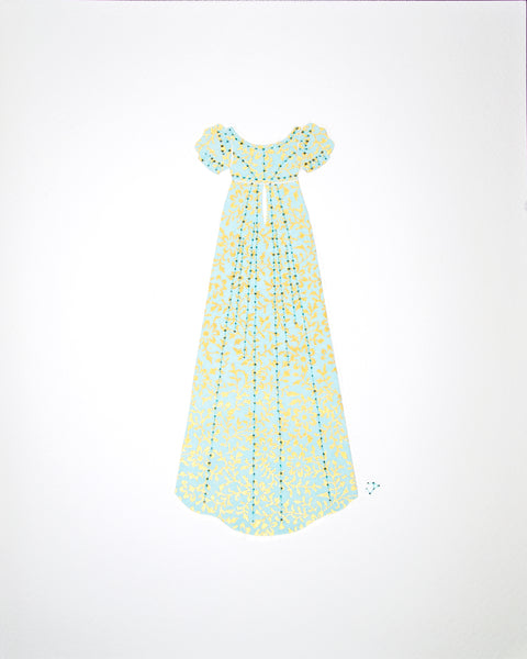 Dress #009: Regency dress in mint and gold: rear view. 2014