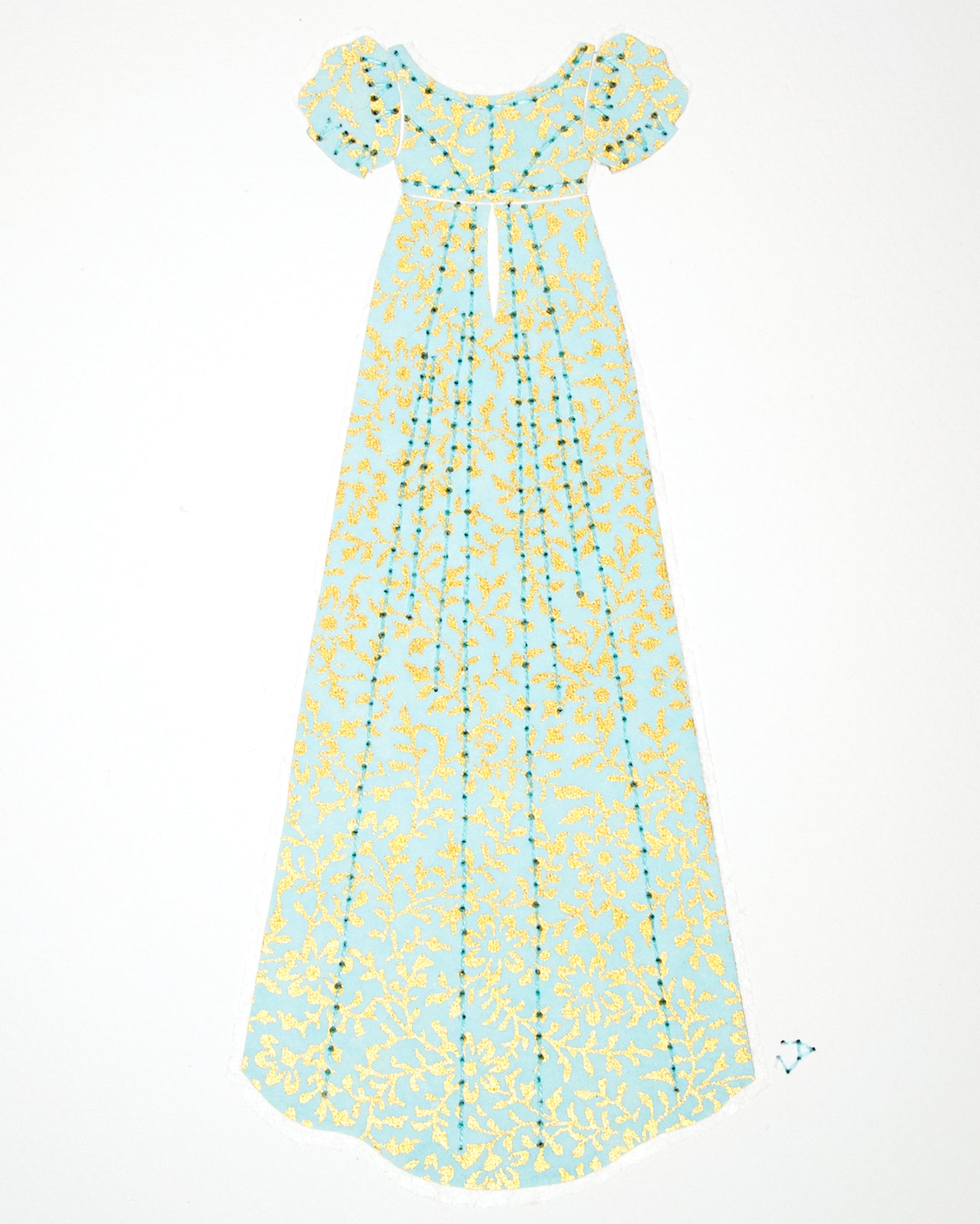 Dress #009: Regency dress in mint and gold: rear view. 2014