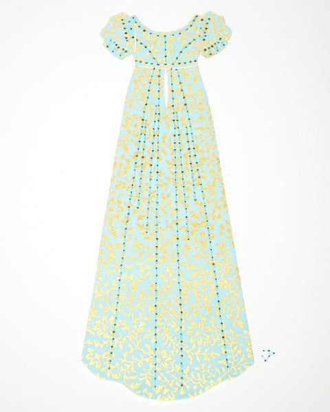 Dress #009: Regency dress in mint and gold: rear view. 2014