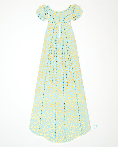 Dress #009: Regency dress in mint and gold: rear view. 2014