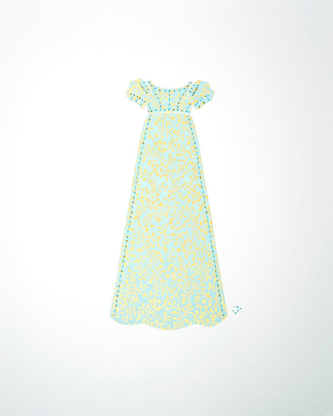 Dress #010: Regency dress in mint and gold: front view. 2014