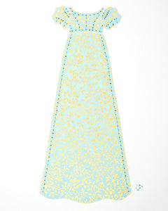 Dress #010: Regency dress in mint and gold: front view. 2014