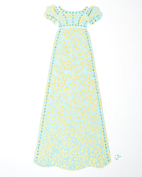 Dress #010: Regency dress in mint and gold: front view. 2014
