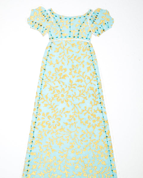Dress #010: Regency dress in mint and gold: front view. 2014
