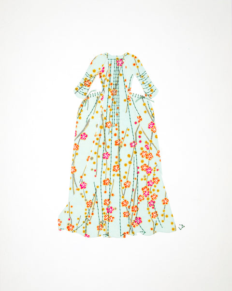 Dress #013.2: Robe à la française in pale turquoise with orange and pink flowers: back view. 2017
