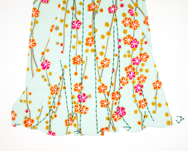 Dress #013.2: Robe à la française in pale turquoise with orange and pink flowers: back view. 2017