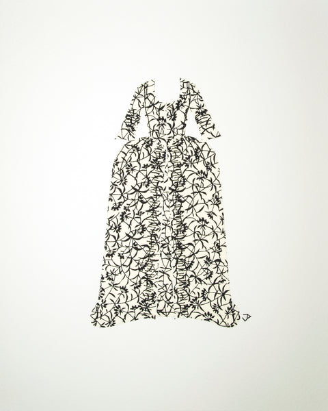 Dress #014: Robe à la française in black and white: front view. 2014