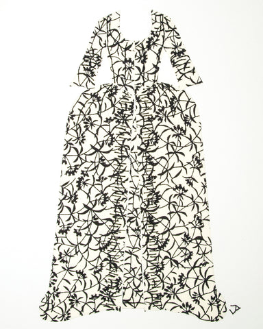 Dress #014: Robe à la française in black and white: front view. 2014