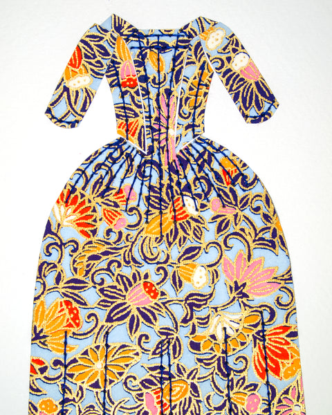 Dress #017: 18th century gown in blue with navy, yellow, and pink. 2014