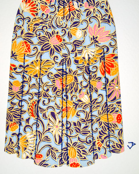 Dress #017: 18th century gown in blue with navy, yellow, and pink. 2014