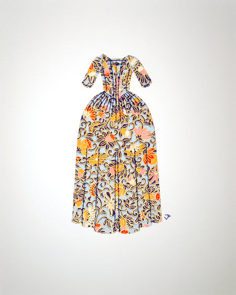 Dress #017: 18th century gown in blue with navy, yellow, and pink. 2014