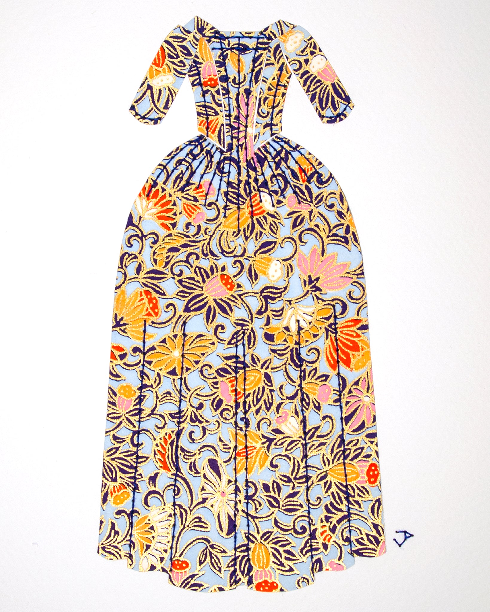 Dress #017: 18th century gown in blue with navy, yellow, and pink. 2014