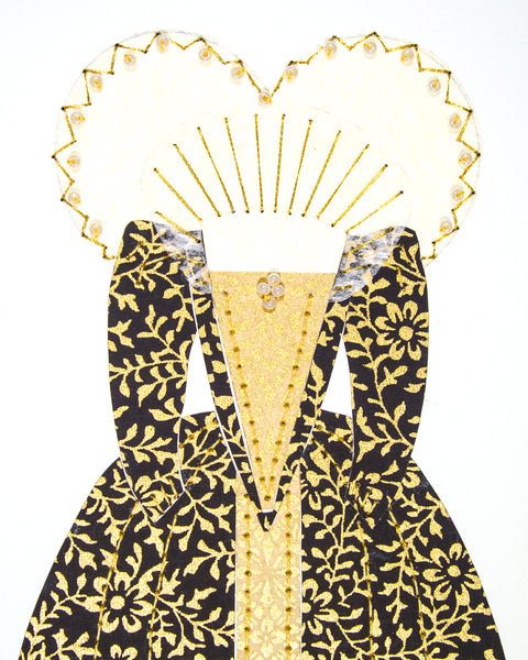 Dress #020: Queen Elizabeth I gown in black and gold: front view. 2014