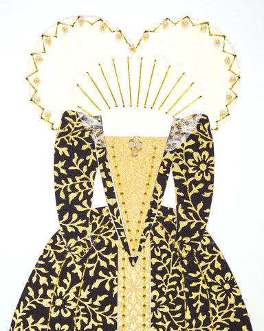 Dress #020: Queen Elizabeth I gown in black and gold: front view. 2014