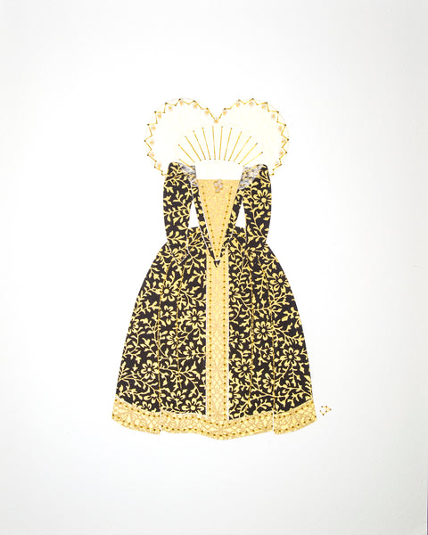 Dress #020: Queen Elizabeth I gown in black and gold: front view. 2014