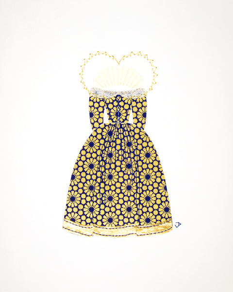 Dress #021.2: Queen Elizabeth I gown in blue and gold: rear view. 2017