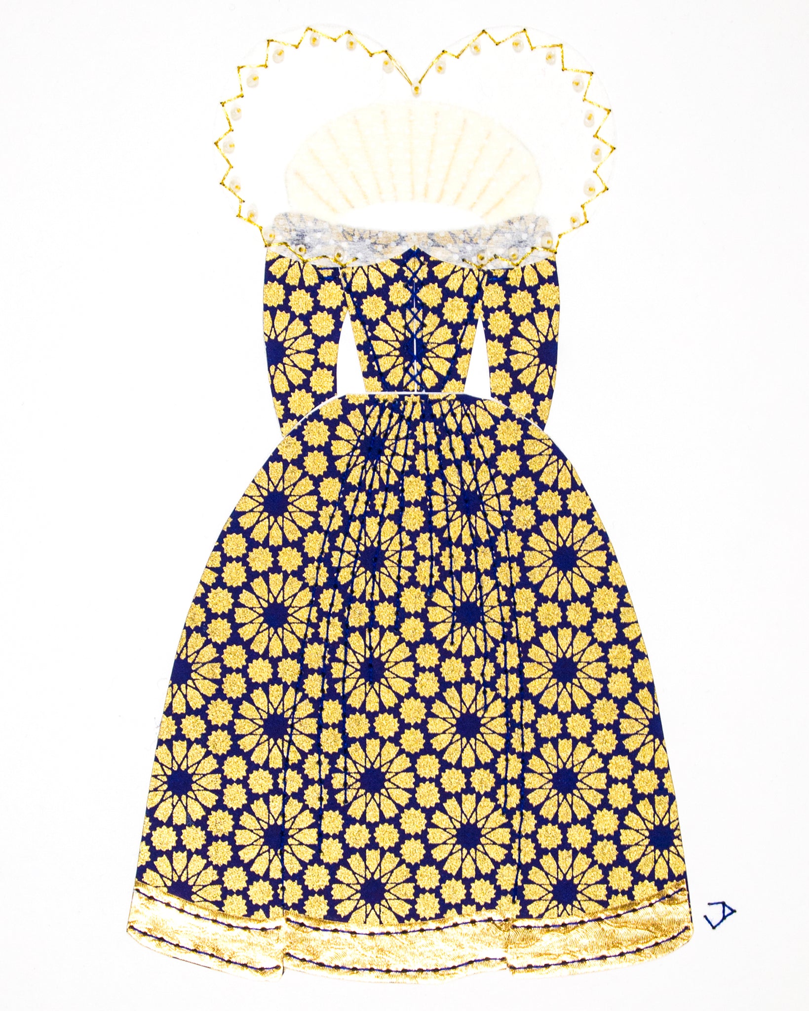 Dress #021.2: Queen Elizabeth I gown in blue and gold: rear view. 2017