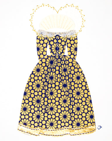 Dress #021.2: Queen Elizabeth I gown in blue and gold: rear view. 2017