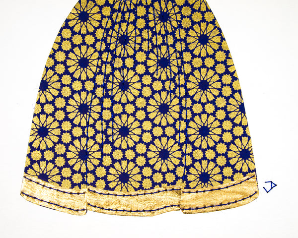Dress #021.2: Queen Elizabeth I gown in blue and gold: rear view. 2017