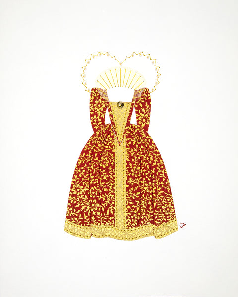 Dress #022.2: Queen Elizabeth I gown in red and gold: front view. 2017