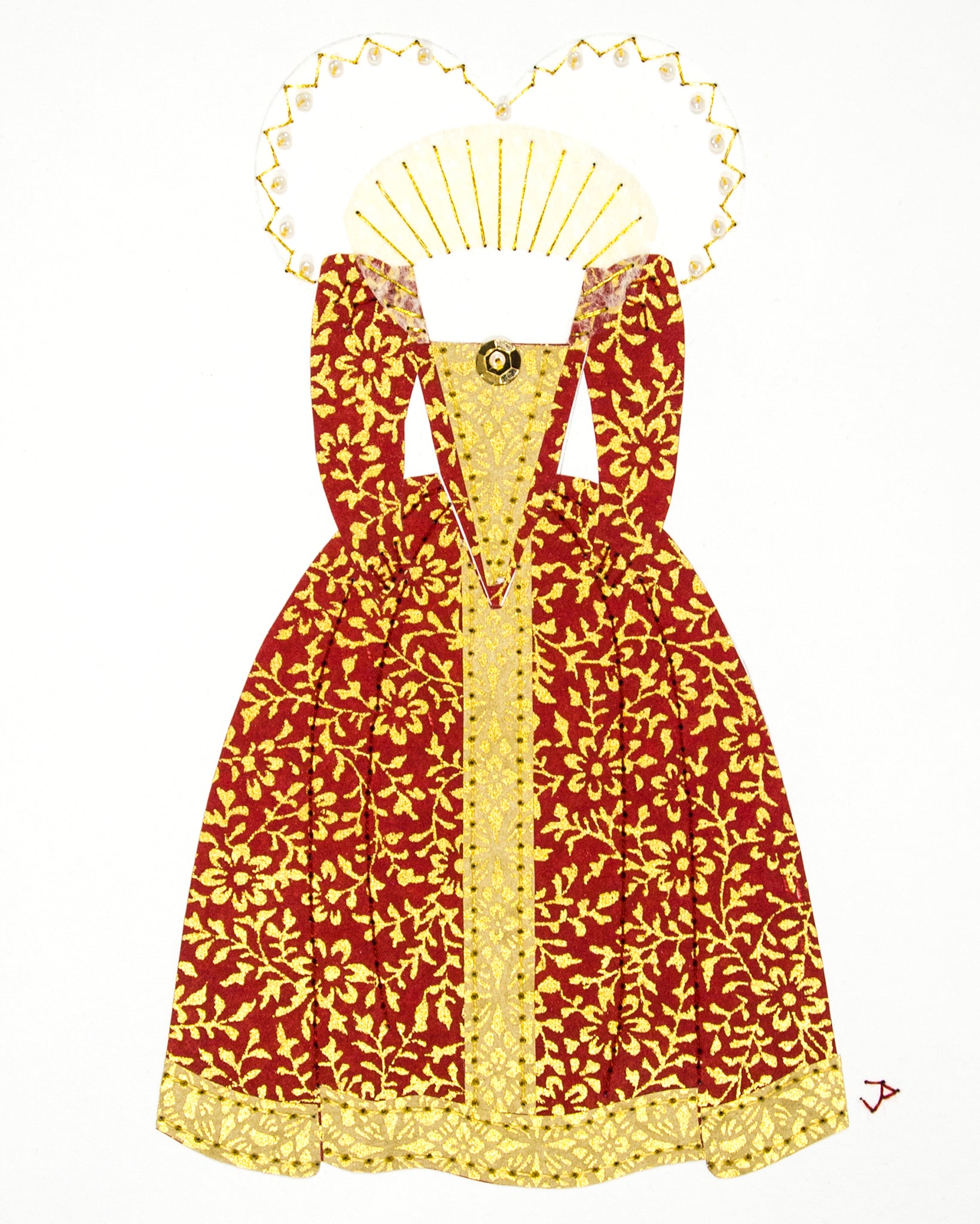 Dress #022.2: Queen Elizabeth I gown in red and gold: front view. 2017
