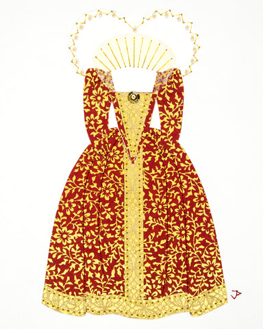 Dress #022.2: Queen Elizabeth I gown in red and gold: front view. 2017