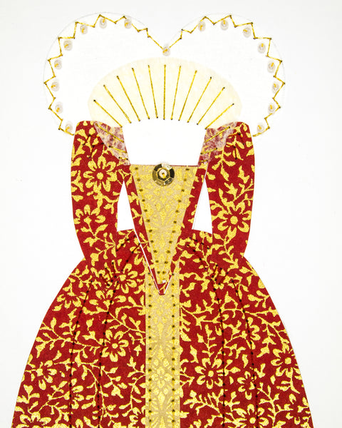 Dress #022.2: Queen Elizabeth I gown in red and gold: front view. 2017